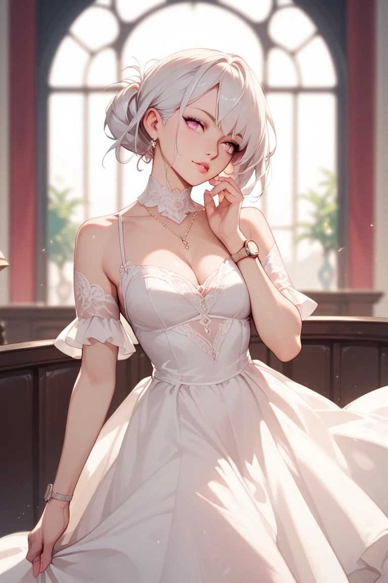 (((1 girl)),ray tracing,(dim lighting),[detailed background (living room)),((silver hair)),(silver hair)),((Fluffy silver hair, plump and slender girl)) with high ponytail))) Avoid golden eyes in the ominous living room, showing a delicate and slender figure and graceful curves, correct limbs, hands , eye details, beautiful eyes, delicate eyes, red eyes, wearing a sexy pink ballgown, smiling while being embarrassed, black stylish gloves, necklace,no earings,sexy pose,milf,sexy stockings,slim.