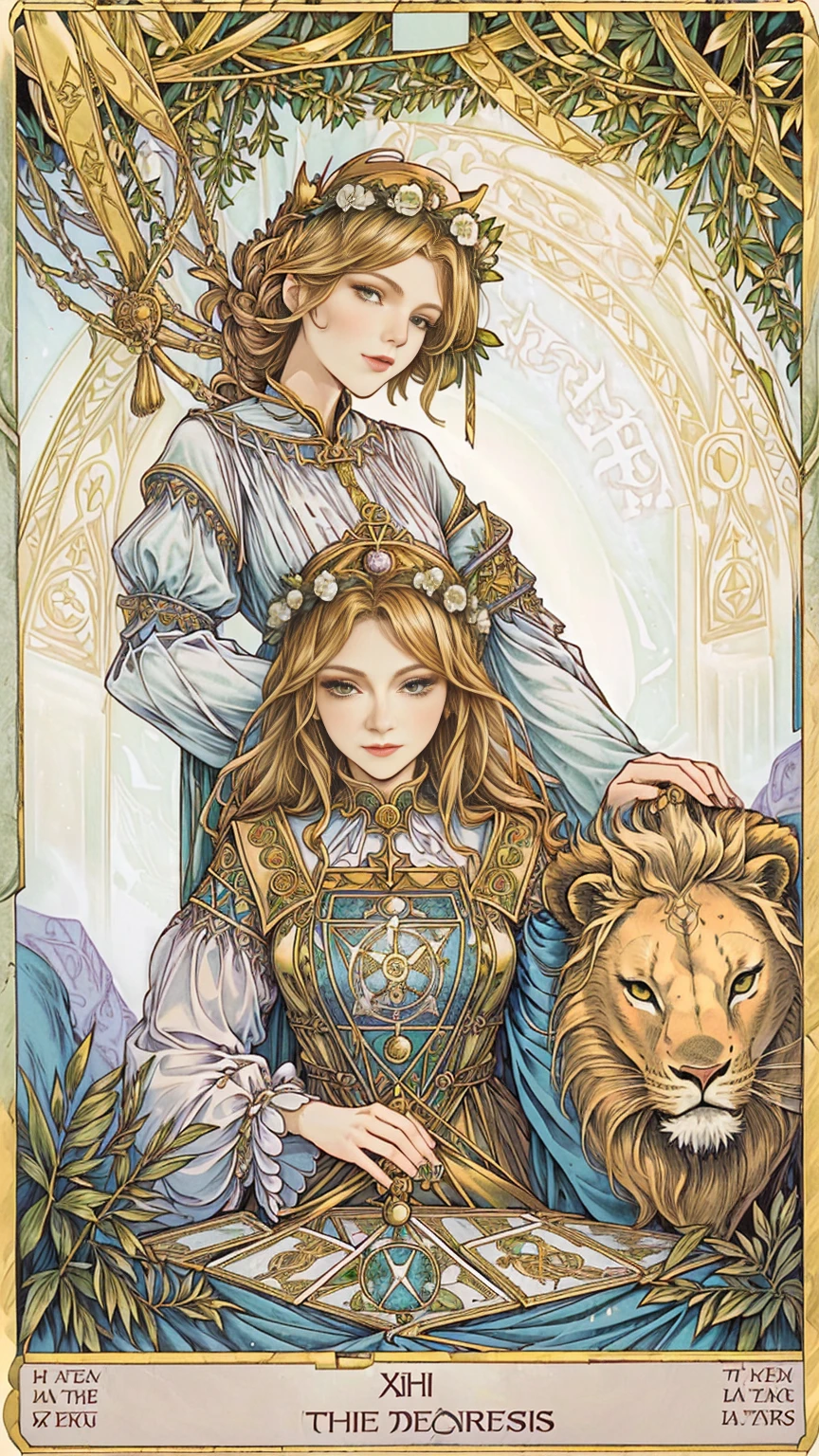  A picture of a woman wearing a wreath and a lion on her head, 白羊座火焰公羊Tarot cards,   must be engraved Rider-Waite Tarot  , the lover Tarot cards, as a Tarot cards, the empress Tarot cards, Grand Arcana  cards, Tarot cards the empress, the lovers Tarot cards, [ Tarot cards ]!!!!!, Tarot cards艺术, Grand Arcana , Tarot cards art