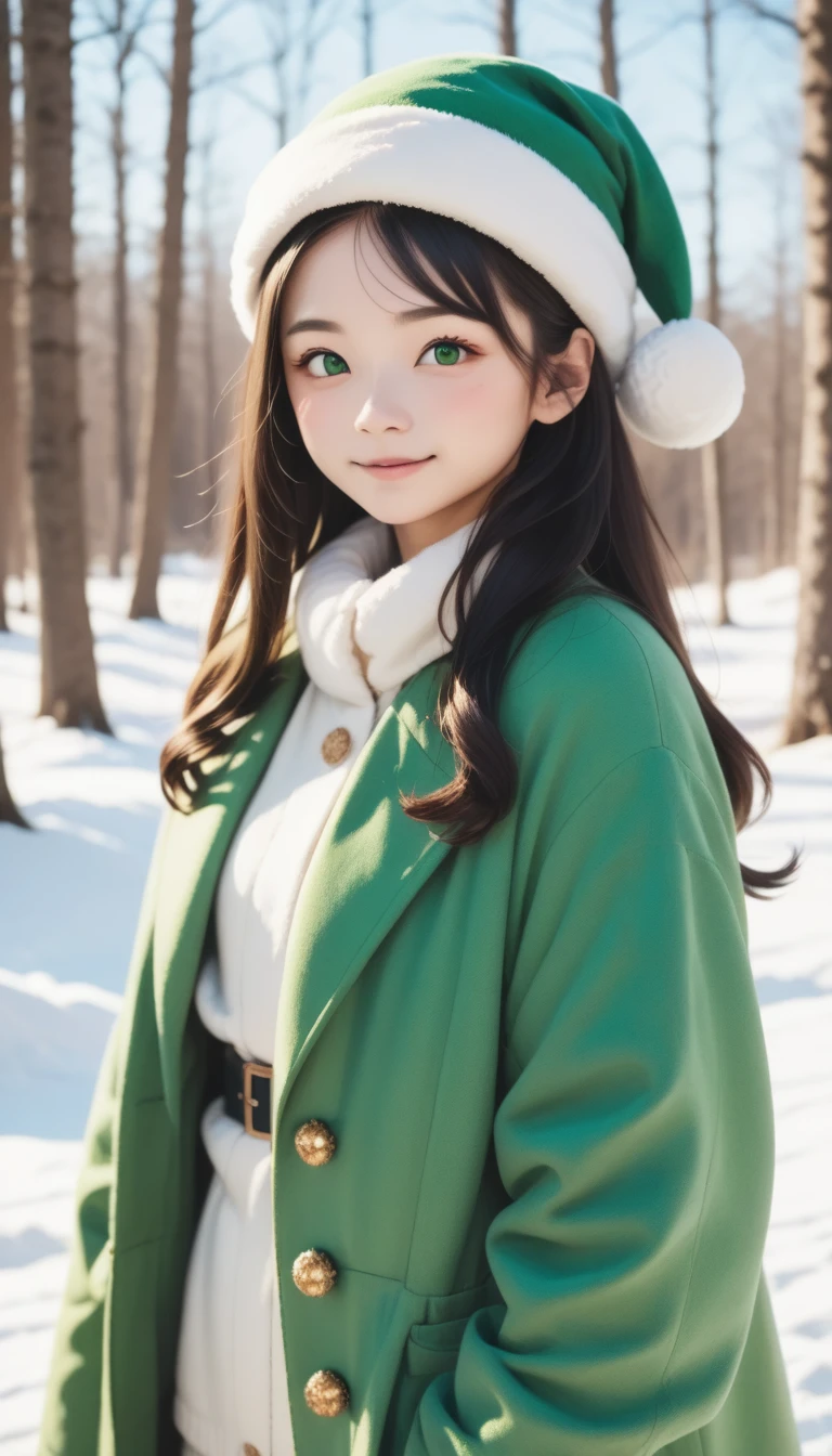  Imagine 、snow、forest、  yellow-green coat 、white embroidery、cute、 young Japanese-style woman 、 long hair、 Santa's yellow-green hat、  facing forward 
