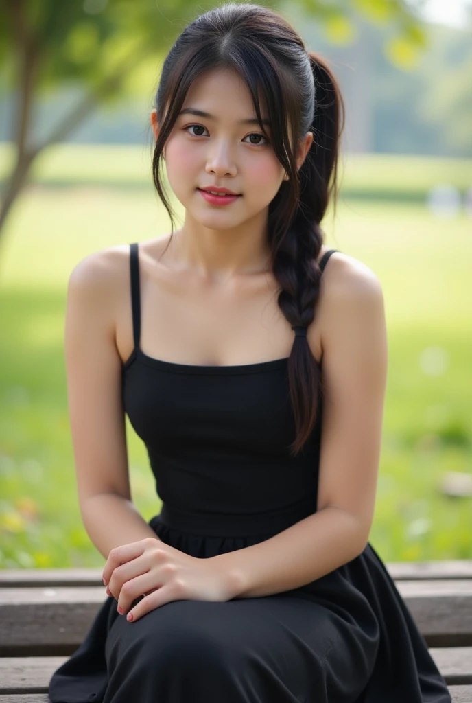 A 20 years old girl, indian face, asian face, cute, Black Hair, Side Ponytail, wearing black singlet and long skirt, sitting on the bench, Photorealistic, 