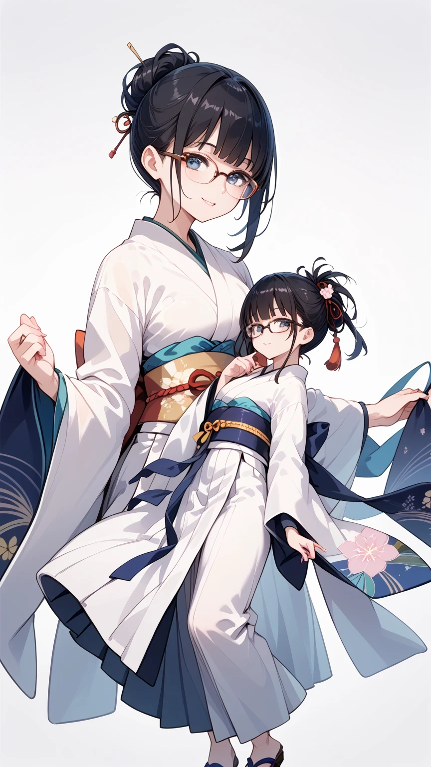 Black hair, glasses, papermaking, kimono, sash, hakama