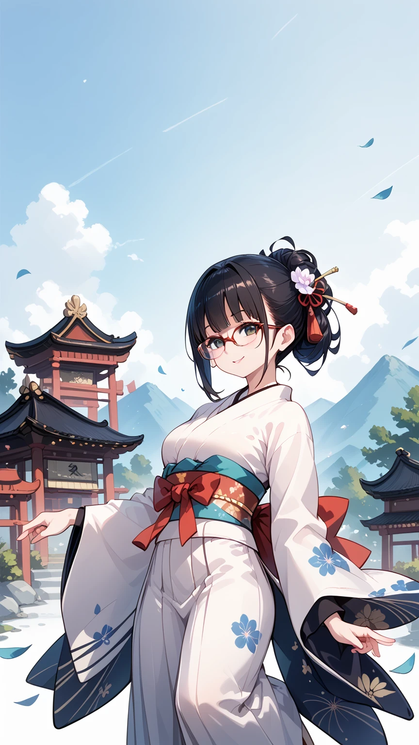 Black hair, glasses, papermaking, kimono, sash, hakama