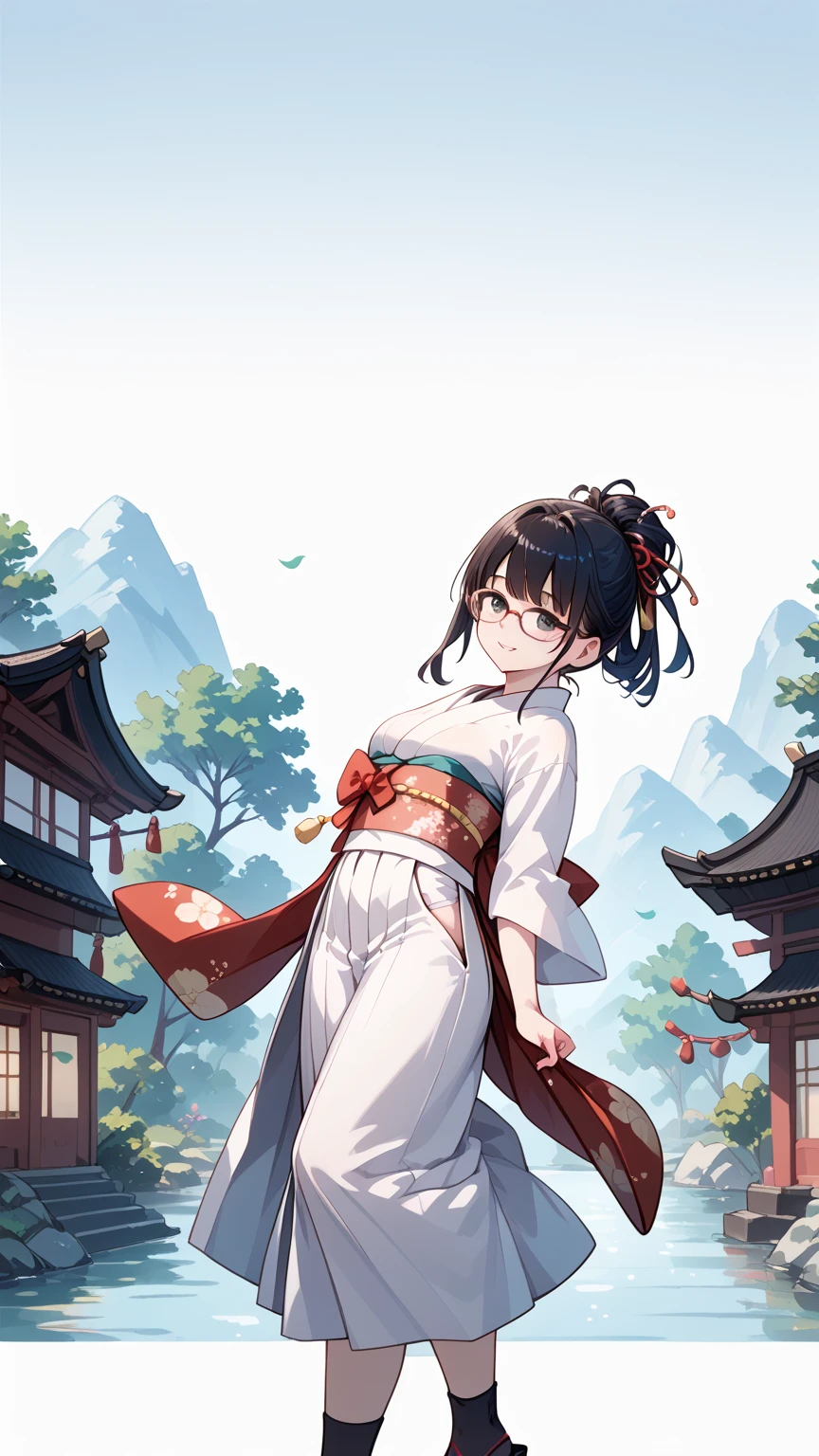 Black hair, glasses, papermaking, kimono, sash, hakama