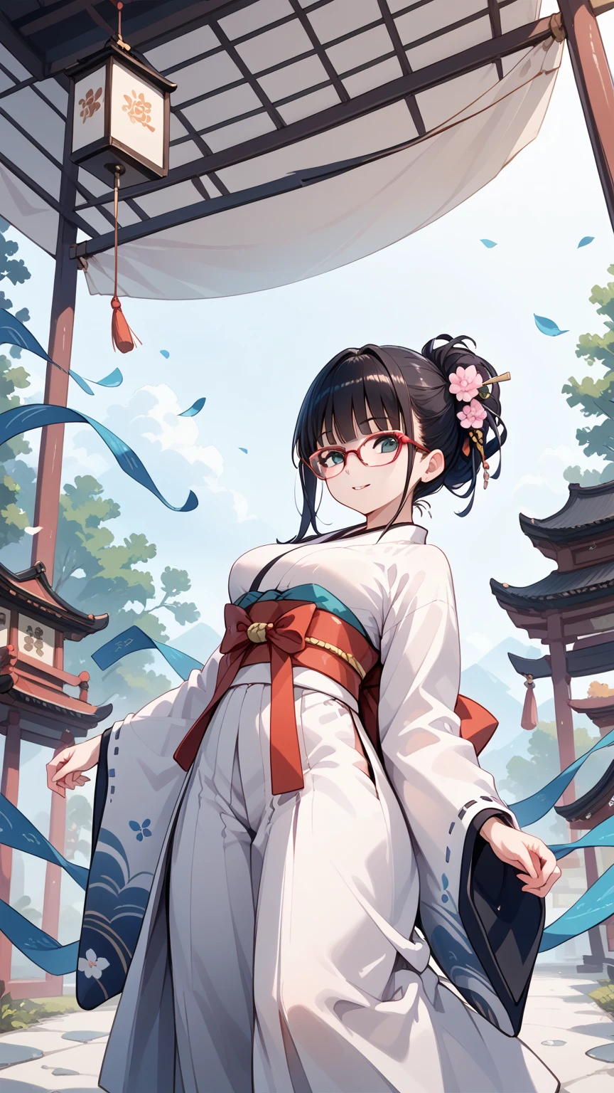 Black hair, glasses, papermaking, kimono, sash, hakama