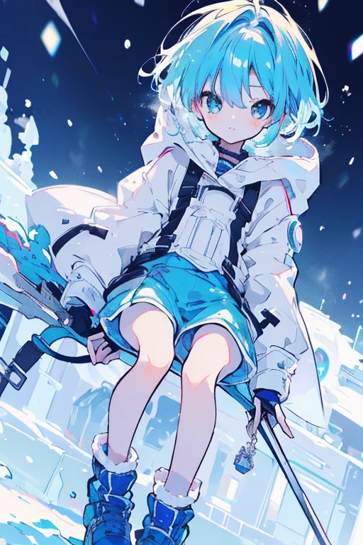 ((top-quality)), ((masterpiece)), ((ultra-detailliert)), (Extremely delicate and beautiful), girl with, 独奏, cold attitude,((Black jacket)),She is very(relax)with the(Settled down)Looks,A dark-haired, depth of fields,Evil smile,Bubble, under the water, Air bubble,bright light blue eyes,inner color with bright gray hair and light blue tips,,,,,,,Cold background,Bob Hair - Linear Art, shortpants、knee high socks、White uniform like school uniform、Light blue ribbon ties、Clothes are sheer、Hands in pockets、Bright eyes like sapphire,Fronllesse Blue, A small blue light was floating、Upper Eyes、glass shards、Snowflake eyes、fantastic eyes