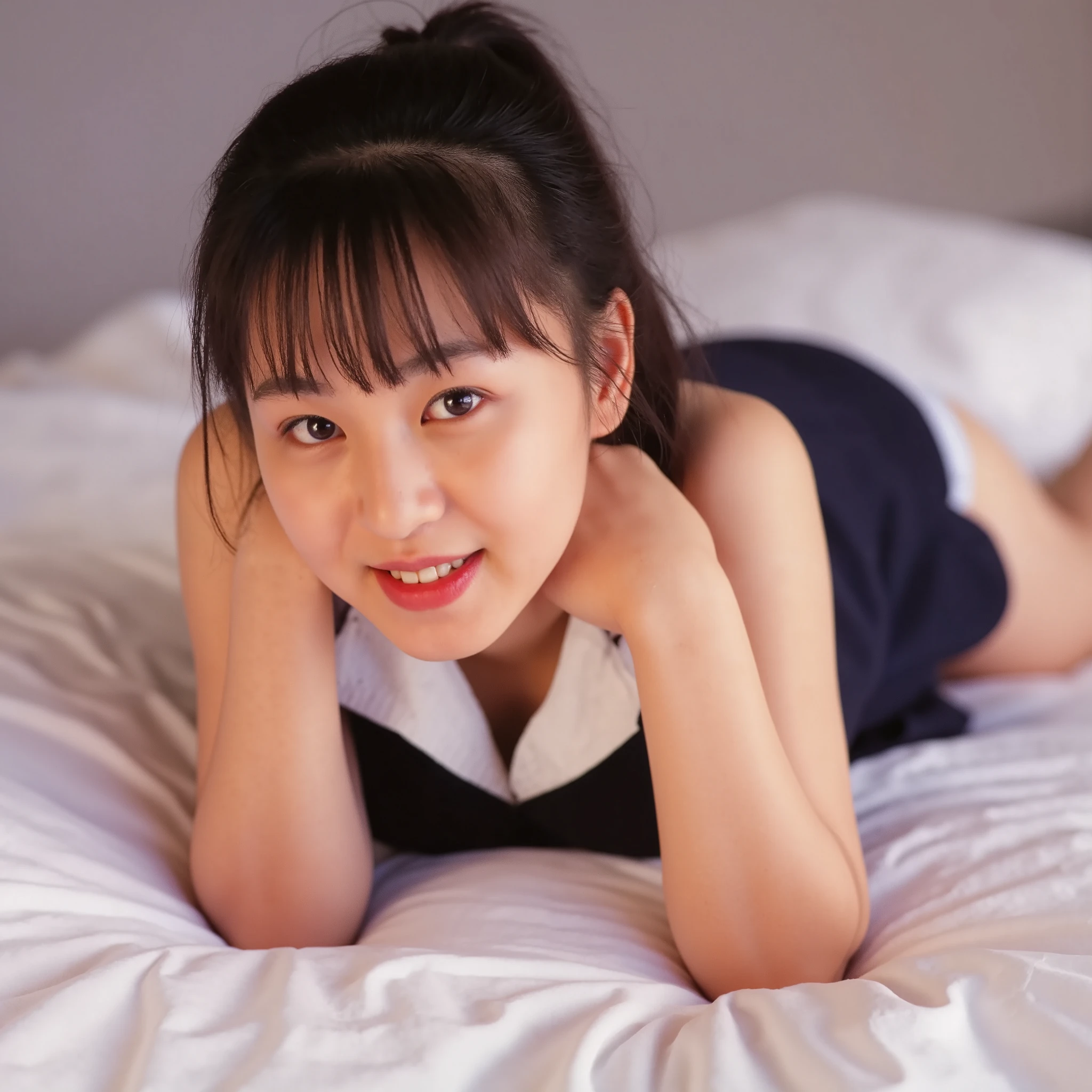 Mika, 1girl, solo, perfectly focused, best focus, realistic skin texture, masterpiece, highest quality, photorealistic, school uniform, upskirt, short skirt, navy blue skirt, visible panties, view from the bottom, white panties, visible sheer panties, Upskirt_Panties, lying on the bed, on side