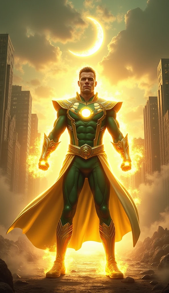 1man, shirtless, martial arts, yellow vigilante mask, white eye patterns with black outline, blonde shades , muscular, green costume, yellow belt and boots, burning fists, black dragon tatto shapes into a circle, mystical city background