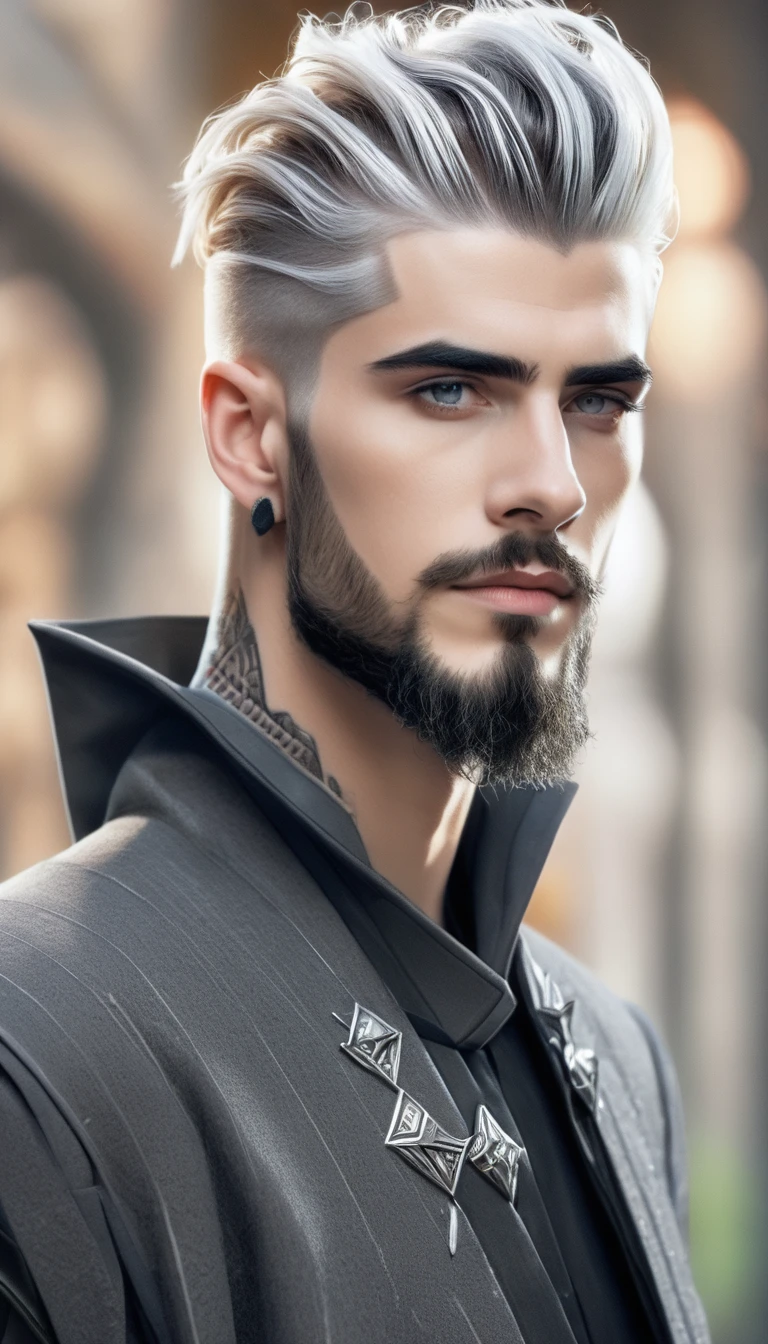 tall and very attractive young man with gray hair with white highlights, his hair is an undercut manbun silver eyes, beard, sharp angular face, stern look, wizard robe, zayn malik