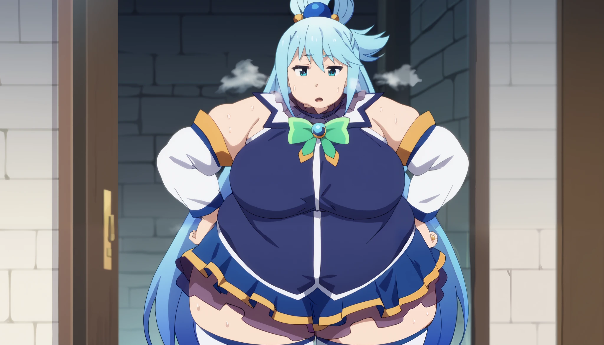 score_9, score_8_up, score_7_up, score_6_up, score_5_up, score_4_up, source_anime, anime screencap, BREAK 1girl, (very giant girl:1.2), aqua \(konosuba\), long hair, blue eyes, hair ornament, very long hair, blue hair, hair rings, single hair ring, hair bobbles, skirt, shirt, thighhighs, bare shoulders, detached sleeves, white thighhighs, blue skirt, blue shirt, green bow, nsfw, masterpiece, best quality, ), steam, steaming, (sweat)1.4, very sweaty, sweaty body, ((steaming body)), love juice, (very wet body), (very wet clothes), expressionless, cowboy shot, , straight-on, (((looking at viewer))), standing, ((flirting pose)), (fancy bedroom), fat, chubby, obese, gigantic arms and legs, large breasts open mouth, out of breath