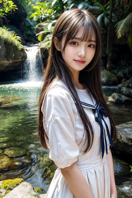 NSFW, 1girl in, (Solo:1.5),masutepiece, Best Quality, 8K, hight resolution, extremely detailed girl, extremely detailed beautiful face, Beautiful skin, Realistic, Dutch Angle, Face Focus, Cowboy Shot, (Ideal ratio body proportions:1.4), Smile, (Navel), School uniform, (serafuku:1.3), Sailor collar, White shirt, (Bottomless:1.4), Green tie, Black hair, Long hair, (in onsen:1.2), hot onsen, Water, (Lower body in water),Lying, on  back