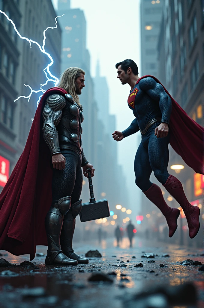 Black Adam and Superman fight in a town at night under falling rain, both wearing neon-lit suits. Superman uses his heat vision, and Black Adam generates electricity with his hands. Create a realistic image of this scene