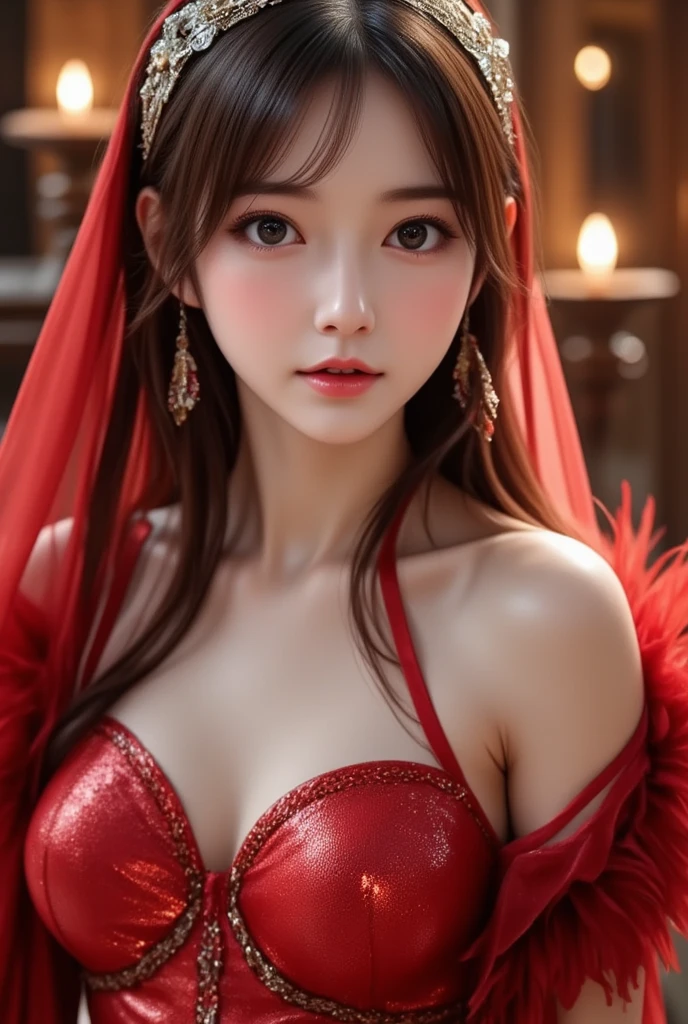 Photo realistic, highdefinition, random angle shooting, Beautiful female, Young face, white pale skin, small cup-a chests, short pants, beautiful leg, wearing red metal feather dress, feather around, bronze aged environments, Christmas style, legs highlight, chests highlights, 