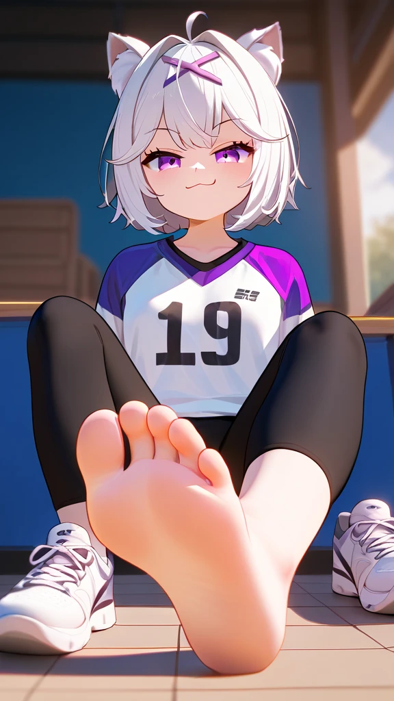 score_9,score_8_up,score_7_up,score_6_up,score_5_up, Sport outfit, after sport,  Solitary, completely smooth soles, Foot Focus, hypno feet, hypnotic feet, the girl tries to tease viewer with soles of feet against his will, 3D Rendered Anime style, the girl shows soles of feet, foot focus, sole, shoe taken off, dynamic, acting casual but smug, smug teasing dynamic pose, smug face, very smug, young soles, five toes, sport shoe taken off,  1girl, solo, feet in my face, dominating, the girl could ruin my life by controling me with her feet, cute girl, smooth soles, no wrinkles, complex background, sporty, casual situation, hypnotic soles, cheesy soles, yellowish sole, smug face, manipulative girl, black long leggings, soles close-up, still wears one sports shoe, the girl is sitting on a wall, pale soles, the girl is Filian, Filian, tail, short hair, hairclip, tail, short hair,cute sports shoes