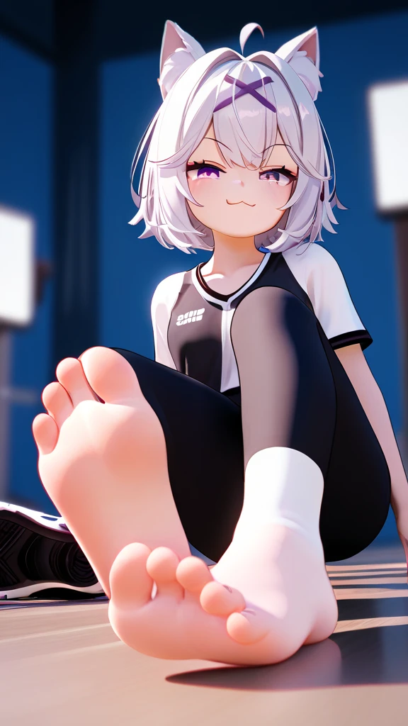 score_9,score_8_up,score_7_up,score_6_up,score_5_up, Sport outfit, after sport,  Solitary, completely smooth soles, Foot Focus, hypno feet, hypnotic feet, the girl tries to tease viewer with soles of feet against his will, 3D Rendered Anime style, the girl shows soles of feet, foot focus, sole, shoe taken off, dynamic, acting casual but smug, smug teasing dynamic pose, smug face, very smug, young soles, five toes, sport shoe taken off,  1girl, solo, feet in my face, dominating, the girl could ruin my life by controling me with her feet, cute girl, smooth soles, no wrinkles, complex background, sporty, casual situation, hypnotic soles, cheesy soles, yellowish sole, smug face, manipulative girl, black long leggings, soles close-up, still wears one sports shoe, the girl is sitting on a wall, pale soles, the girl is Filian, Filian, tail, short hair, hairclip, tail, short hair,cute sports shoes