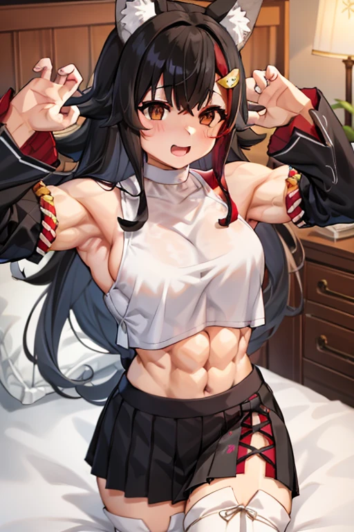 masterpiece, extra limbs, 1lady, young girl 16 years old, black ponytail extremely long hair, black pubic hair, medium breasts large areolas plump beautiful breasts,glamorous,(((abs))), (((laugh with open mouth))),
slant deep red eyes, katana, standing,(clothed samurai),((sweat)),