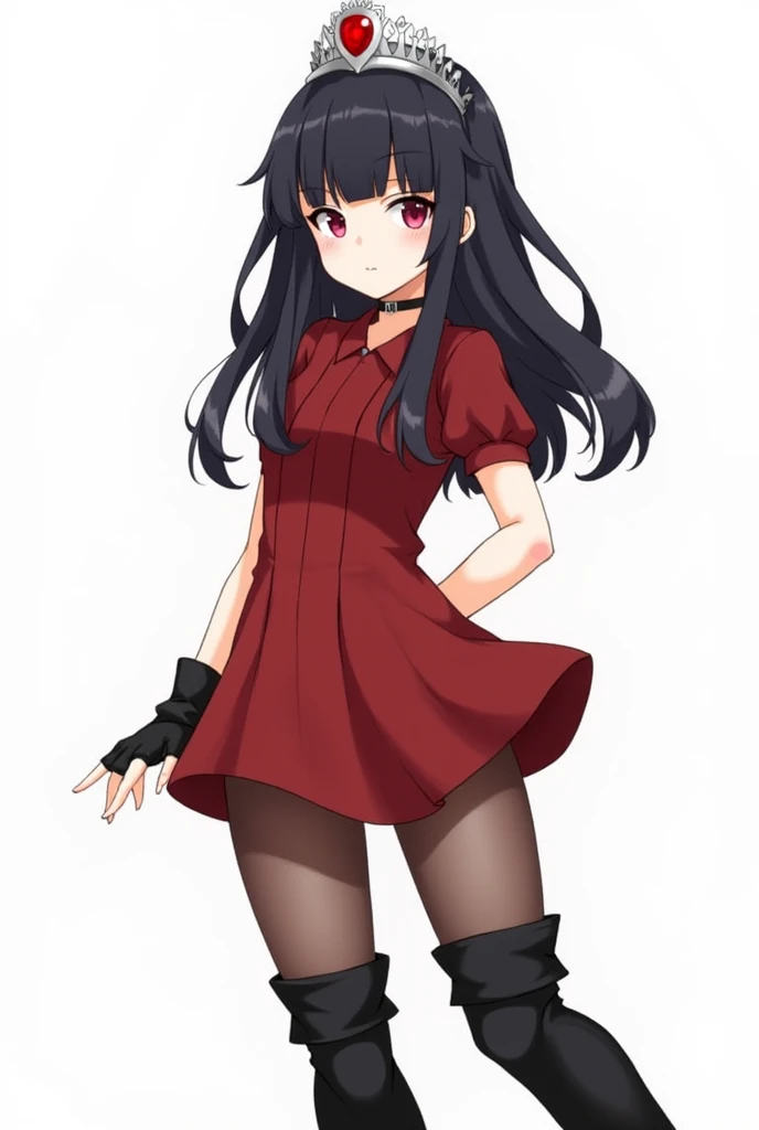 using pantimedies, wavy black hair, piercing look with deep red eyes, average stature, Silky hair with a ponytail hairstyle collected with a red bow with two white lines, with clothes, has a vagina, has breasts, cup of breasts, small breasts, slim, foreground, Session, sitting in her room, sitting on the floor of her room, wearing pantyhose, using pantimedies, Picardias, short skirt, shoes, blouse with straps, blush, opening her legs making her panties visible, open legs