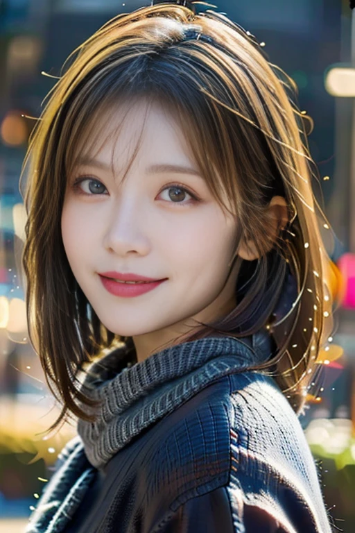 12Ｋ、ＨＤＲ、  Japanese、 bits deep 10 bits、(  dark gray sweater ),( Knitted Scarf  ),  ( realistic ,   photorealistic :1.4), masterpiece,   so delicate and beautiful ,   very detailed,    very detailed目と顔,     beautiful detailed nose  ,   beautiful detailed eyes,   cinematic lighting ,City lights at night,  COMPLETE ANATOMY , slender body,smile  (  My hair is disheveled ,    asymmetrical bang ,  light brown hair ,)、smile、   A woman who feels mature sex appeal 、Snow falls in the background   