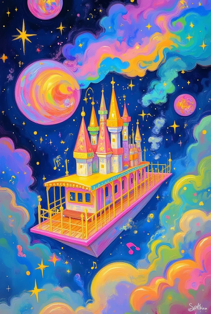 A surreal floating castle made of musical notes and shimmering melodies, drifting through a sky filled with colorful, abstract sound waves. The castle is surrounded by ethereal.