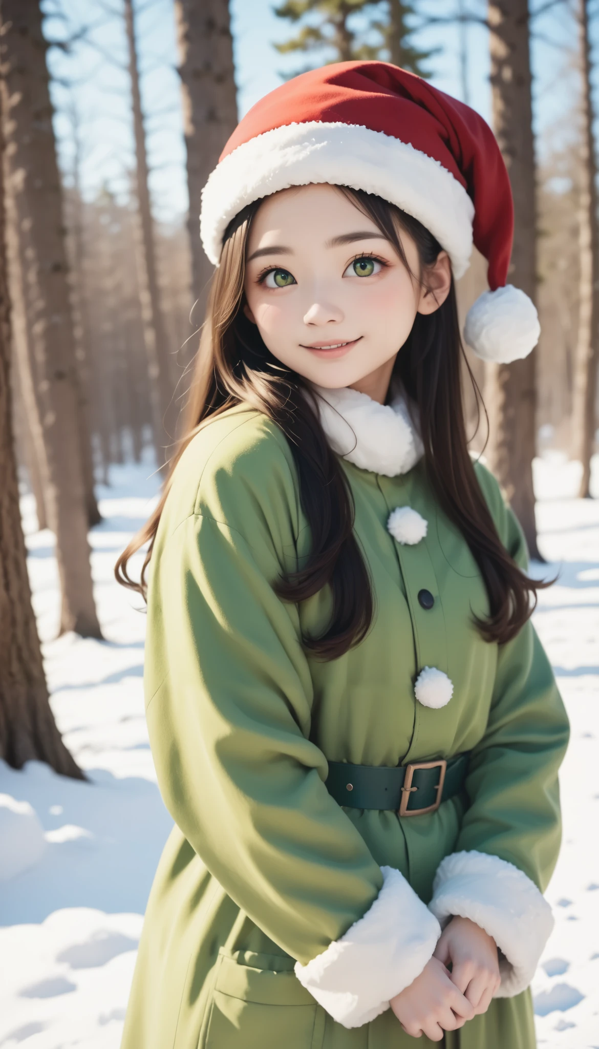  Imagine 、snow、forest、  yellow-green coat 、white embroidery、cute、 young Japanese-style woman 、 long hair、 Santa's yellow-green hat、  facing forward 
