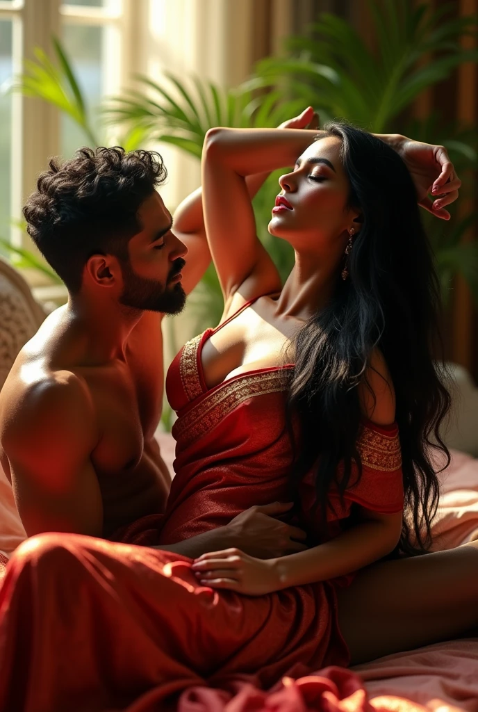 (photorealism:1.2), beautiful woman wearing sari and jewlaries and red sindor on head, sitting on back of masculer man wearing wite salwar hairy chest, in hotel bedroom, hotel name javid hotel