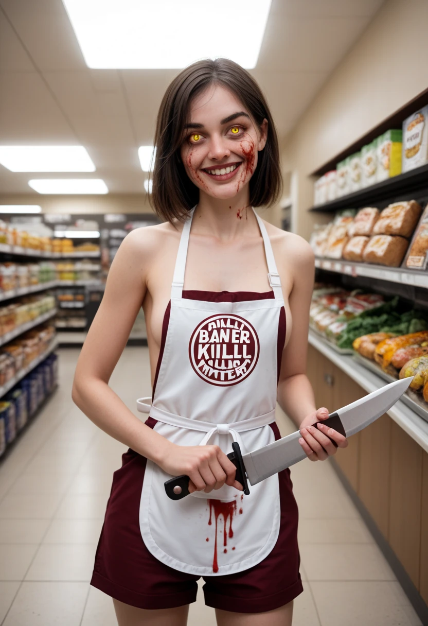 (masterpiece:1.3) 1girl, , (female serial killer:1.5) (skinny with an ugly face:1.3) working at Walmart, wearing an apron with topless under the apron, wide eyes, blood stains on clothes, short khaki shorts, big evil smile, (holding a knife:1.3), horror Walmart background, florescent grocery store lighting, deep shadows , extreme details, , complimentary lighting colors, deep skin, , brightly colored composition, "constricted pupils, small pupils, yellow glowing eyes", Slender Girl, OL, JK, purple bags_under_eyes, (
downblouse, BarbaraEvenot, Bags und