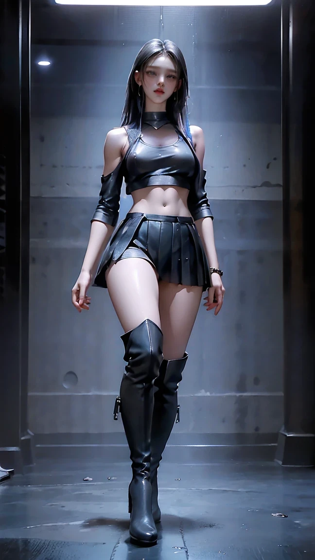 blue eyes,  chest wearing a black crop tank top , Red Pleated Skirt , ( Leather knee-high boots ), exposed shoulder , (whole body), Big Breasts , abs, Viewers, Best Quality Masterpiece , , Holopunk Style , (nsfw:1.0), erect nipples