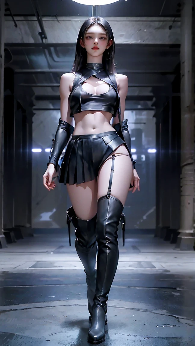 blue eyes, **** chest wearing a black crop tank top , Red Pleated Skirt , ( Leather knee-high boots ), exposed shoulder , (whole body), Big Breasts , abs, Viewers, Best Quality Masterpiece , , Holopunk Style , (nsfw:1.0), erect nipples