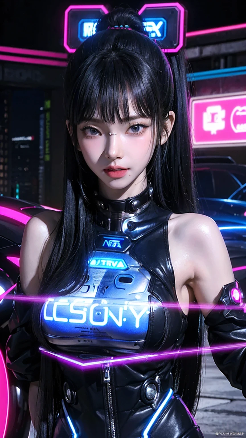 One female , bright purple eyes , "pupils glowing purple" , black hair , blonde highlights" , very_long_hair with bang, big_breasts , perfect figure , detailed face, perfect face, upper body, masterpiece , best quality , ultra detailed , (detailed background) , perfect shading , high contrast , best illumination , extremely detailed , ray tracing , realistic lighting effects , neon noir illustration , cyberpunk background
