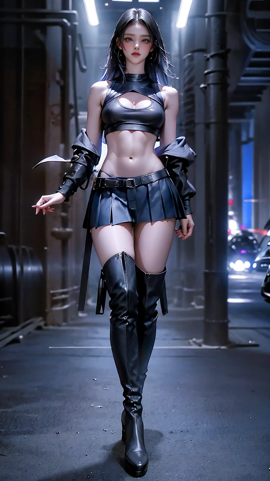 blue eyes,  chest wearing a black crop tank top , Red Pleated Skirt , ( Leather knee-high boots ), exposed shoulder , (whole body), Big Breasts , abs, Viewers, Best Quality Masterpiece , , Holopunk Style , (nsfw:1.0), erect nipples