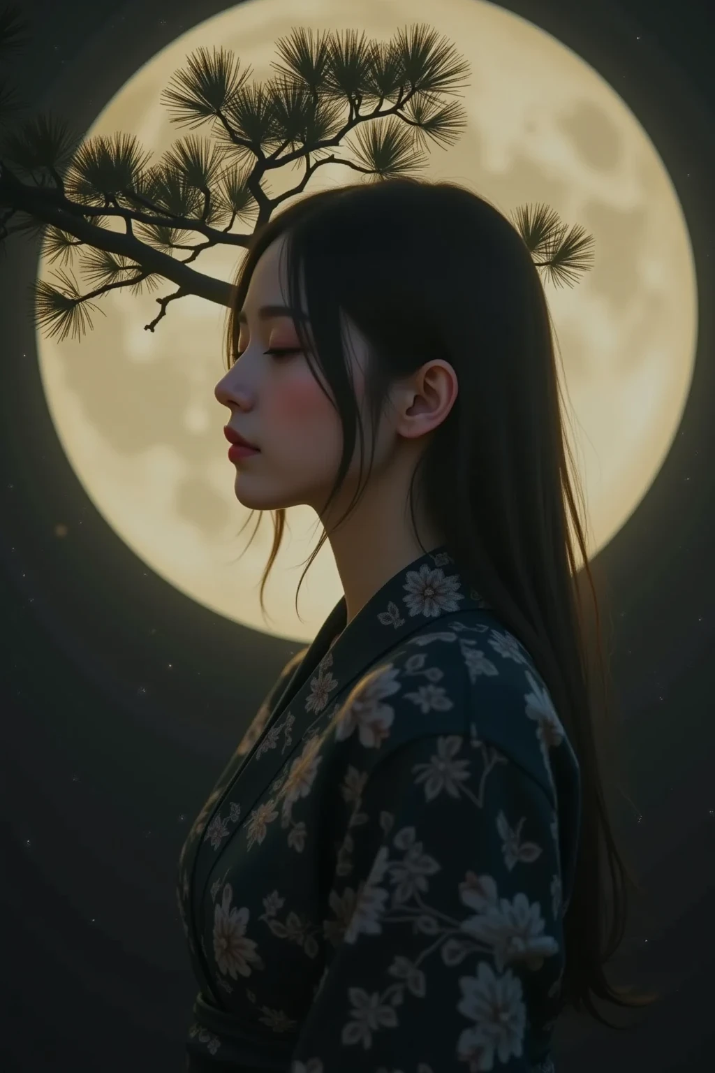 masterpiece, ultra detail, 8k, This image captures a serene and ethereal portrait of a woman set against a full moon, with the silhouette of a pine tree integrated into the moon's visual. The woman is depicted with a side profile, her face calm and contemplative, eyes closed, enhancing a peaceful demeanor. She wears an ornate, dark-patterned kimono that blends beautifully into the shadowy tones of the scene. The moon and the tree together create a striking halo effect around her, symbolizing perhaps a connection with nature or a certain tranquility of spirit. The overall mood is one of quiet reflection and sublime beauty, resonating with themes of nature and harmony.