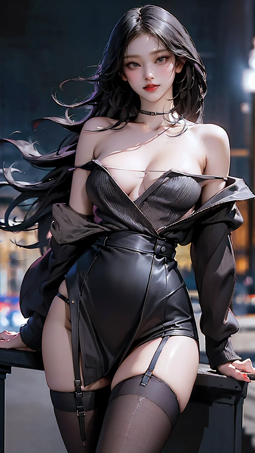 (((nsfw0.7))),((( top quality, 8k,   Masterpiece ))),  sharp concentration, ( beautiful woman with perfect figure), thin, ( hairstyles at their best: Excellent)), ((夜の裏street)), street: 1.2 Highly detailed face and skin texture Detailed eyes  double eyelids  random pose, (smile),  realistic face,  double eyelids ,smile,Summer Festival , At sunset , Beautiful Teeth , thigh straps,  Wearing a leather jacket 、 off shoulder sweaters、 Grey Vertical Ribbed Sweater Dress、  fishnet tights  、 Garter Belt 、amazing black sexy underwear 、 night view、