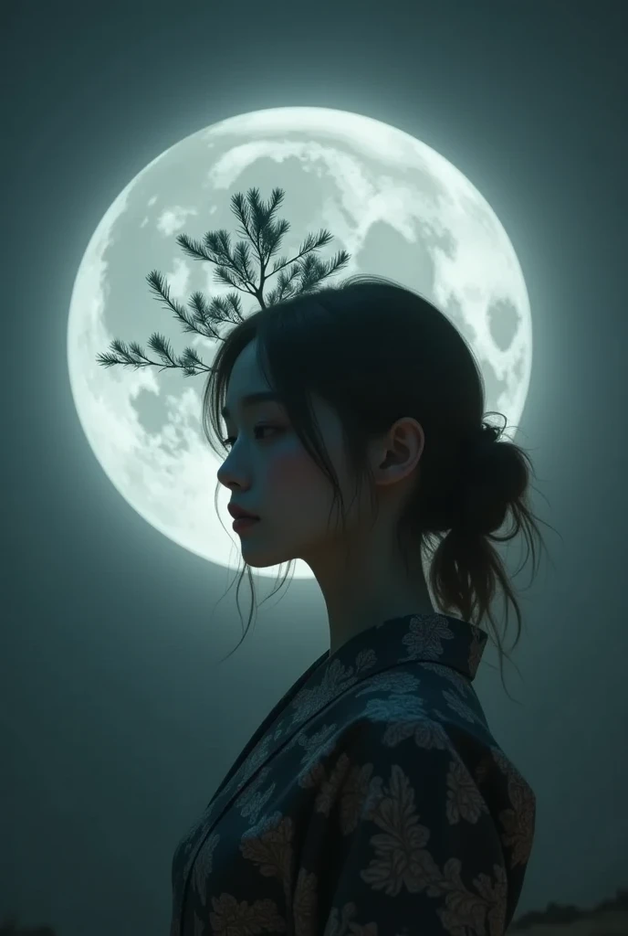 masterpiece, ultra detail, 8k, This image captures a serene and ethereal portrait of a woman set against a full moon, with the silhouette of a pine tree integrated into the moon's visual. The woman is depicted with a side profile, her face calm and contemplative, eyes closed, enhancing a peaceful demeanor. She wears an ornate, dark-patterned kimono that blends beautifully into the shadowy tones of the scene. The moon and the tree together create a striking halo effect around her, symbolizing perhaps a connection with nature or a certain tranquility of spirit. The overall mood is one of quiet reflection and sublime beauty, resonating with themes of nature and harmony.