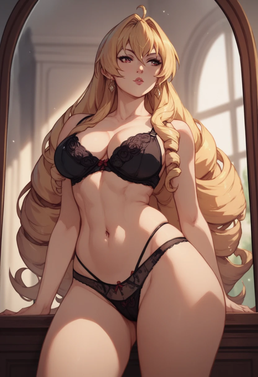 Elinalise Dragonroad blonde with big curly hair Elfa red eyes medium boobs shaved abdomen thick thighs Black thighs panties and black bra in front of the mirror sexy