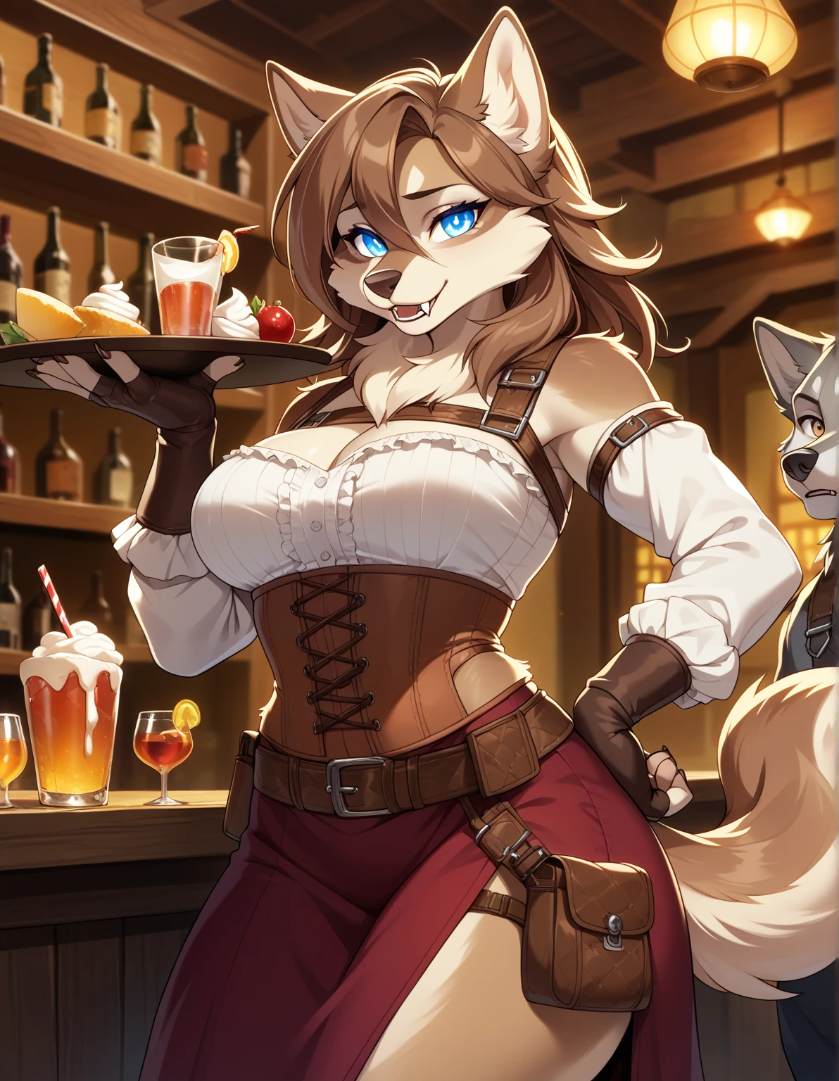 1girl, tail, furry, animal_ears,glowing blue_eyes, brown_hair, belt, looking_at_viewer, furry_female, gloves, wolf_tail, sad smile, wolf_ears, fingerless_gloves, hair_between_eyes,long skirt, hand_on_hip, snout, breasts, pouch, brown_gloves, cream white corset, wolf_girl, fangs, medium_hair, long_sleeves, brown_belt, artist_name, tavern outfit