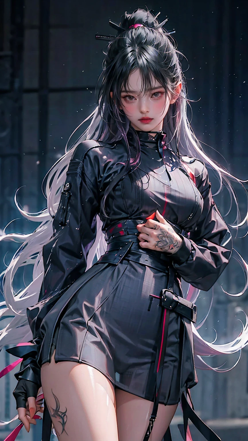  one girl, Grey Hair,  long hair, Techwear masterpiece,  top quality,  realistic , dark purple jacket, Portraiture, fine grain, Wearing a headset , Platinum Hair, 21 year old girl,  fashion pose, half body,  Wide Shot ,  I'm on the road ,  cyberpunk ,((( he has many tattoos all over his body)), ((( Thin Waist))), ((Big Breasts)),( see-through)， panties