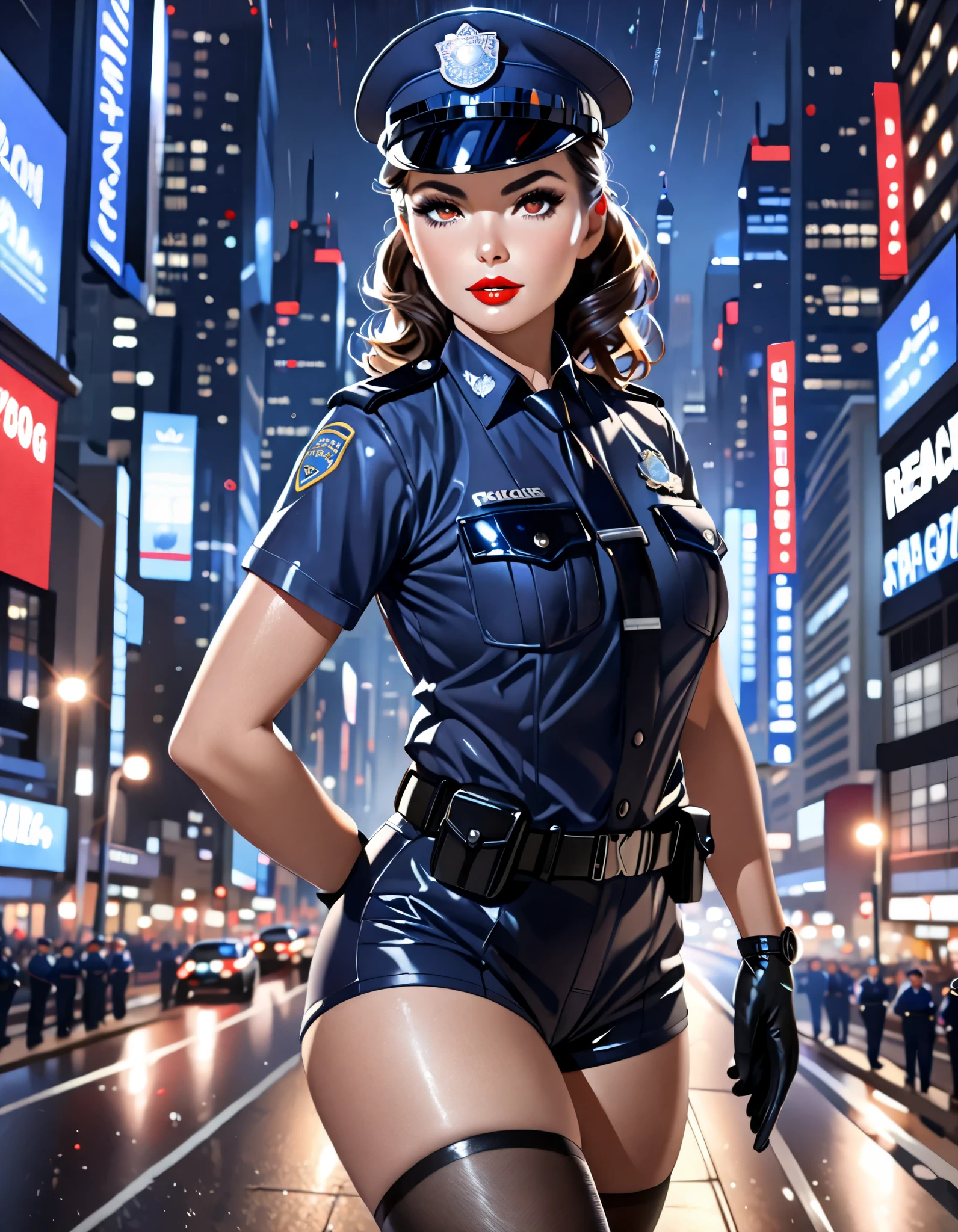 Woman, Reality, (High-forked tights police uniform, pantyhose, berets, logo), policewoman, (lips slightly open, light smile), (shiny skin: 1.1), blush, (camel toes), (looking at the audience), (bodybuilding), (full body), masterpiece, highest quality, high resolution, absurdity, realistic, --auto