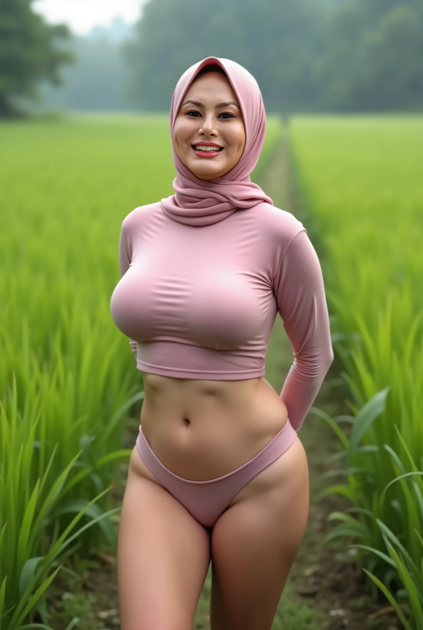 Best quality, high resolution, masterpiece: 1.3), a beautiful malay woman in hijab, big breasts, slim figure, beautifully presented details in the street and facial and skin texture, detailed eyes, double eyelids, big eyeschest visible, HDR, 8k resolution, nice fingers, firm skin, (((high detail skin, visible pores))), 1 female, tall body, sitting on the bed, 30 years old, big breasts: 1.4, bra Pastel Close Up Tight, pink motif flower Hijab, Full Body, Beautiful Shy Smile, Wearing High Heels, pink g-string, show breast, show thigh, show vaginal cleavage , thighs straddle, outdoor, public area, naked