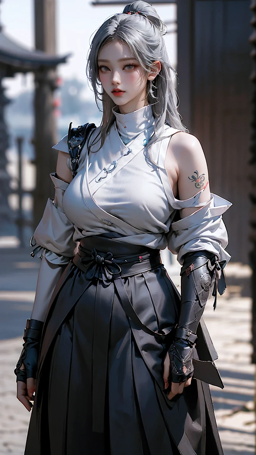 Grey Hair, whole body,Big Breasts, top quality,woman,Alone,(( Masterpiece )), (( top quality)), ( super detailed ), (( very detailed)), 4K, (8k), top quality, 緑の目をしたwoman, Japanese tattoo sleeve on right arm , samurai armor , wear armor , software , Japanese Temples