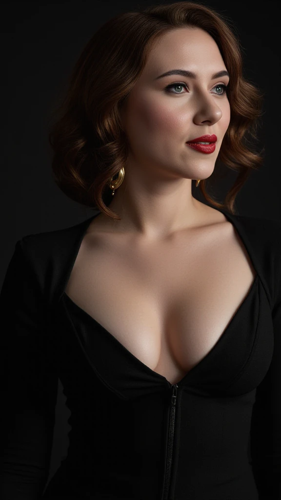 scarlett johanssen as black widow, wearing black widow dress, huge tits, massive cleavage
