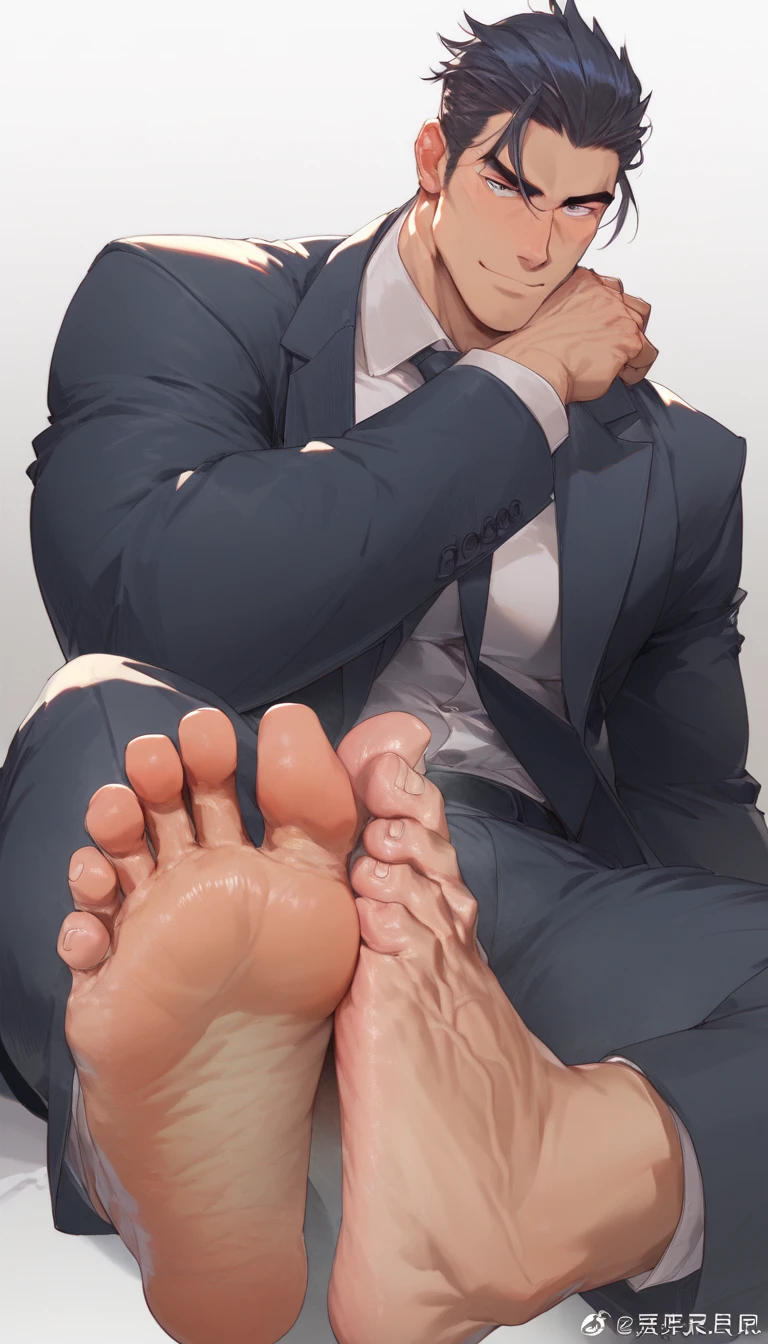 feet focus, feet, veiny, seductive pose, manly, men, sitting, toes, face, big pecs, instep, hair slicked back, suit, foot massage, manly feet, black calf socked feet:2