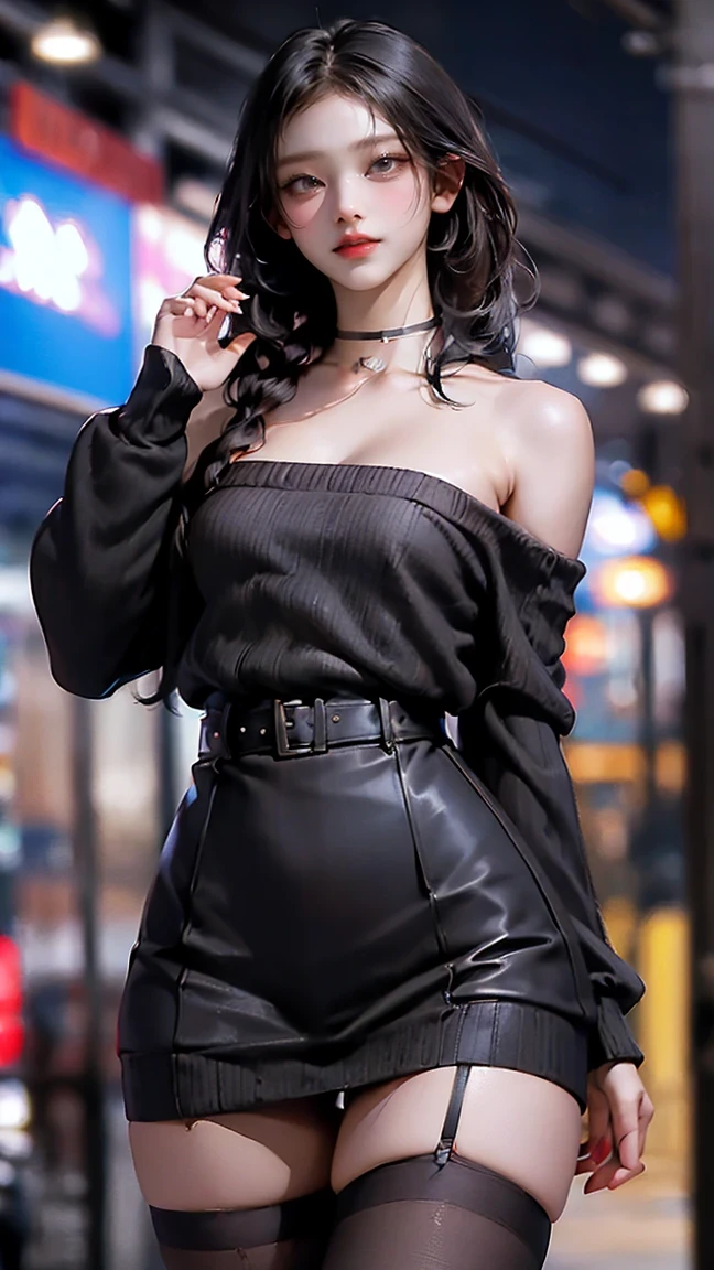 (((nsfw0.7))),((( top quality, 8k, masterpiece ))), sharp concentration, ( beautiful woman with perfect figure ), thin, ( hairstyles at their best: Excellent)), ((夜の裏street)), street: 1.2 Highly detailed face and skin texture Detailed eyes double eyelids random pose, (smile), realistic face, double eyelids ,smile,Summer Festival , At sunset , Beautiful Teeth , thigh straps, Wearing a leather jacket 、 Off Shoulder Sweater、 Grey Vertical Ribbed Sweater Dress、 fishnet tights 、 Garter Belt 、amazing black sexy underwear 、 night view