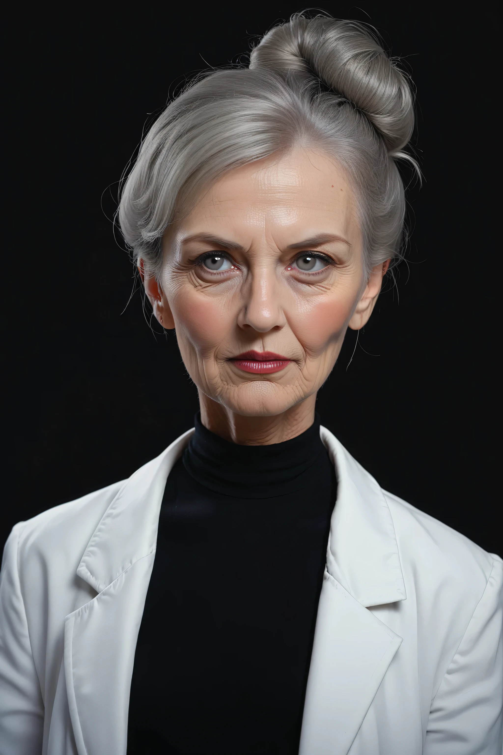 score_9, score_8_up, score_7_up, Johanna Braddy, solo, gray haired woman, black background, elderly, lab coat_blackshirt, professional hairbun, carrie underwood, front view, blushing, looking away, large dark eyes, flatchest
