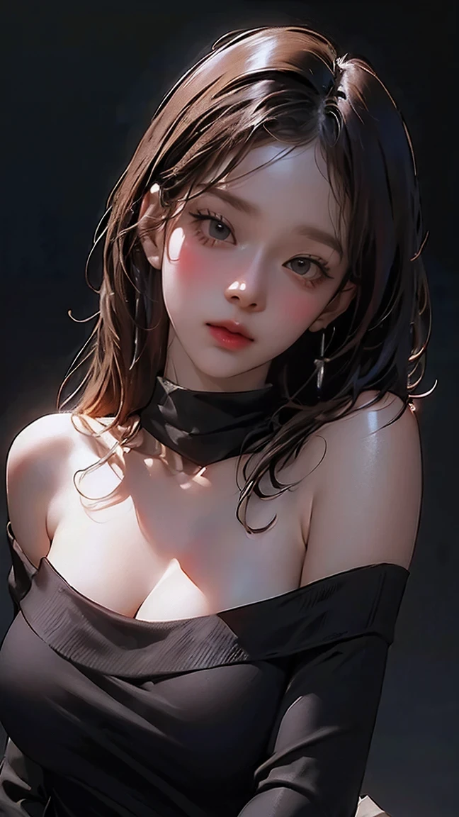 ultra high resolution , Masterpiece , top quality, Perfect glowing skin, perfect lighting , detailed lighting, Dramatic Shadows, ray tracing, Black sweater, Watch viewers, Off Shoulder , Big Breasts, exposed cleaves, nsfw, (( dark background )), Sexy Face, expression,