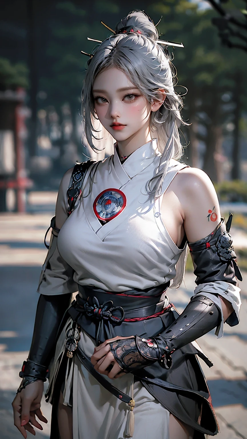 Grey Hair, whole body,Big Breasts, top quality,woman,Alone,(( masterpiece )), (( top quality)), ( super detailed ), (( very detailed)), 4K, (8k), top quality, 緑の目をしたwoman, Japanese tattoo sleeve on right arm , samurai armor , wear armor , software , Japanese Temples