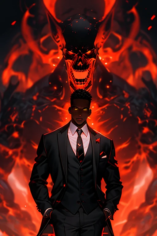 (red theme, red gradient,:1.2) redshift,red, looking at viewer, short hair, open mouth, shirt, black tapered hair, long sleeves, 1man, jacket, yellow eyes, white shirt, upper body, flower, black man focus, muscular, lean muscle, necktie, collared shirt, vest, coat, glowing, rose, formal dapper , suit, red flower, glowing eyes, black necktie, hand in pocket, black vest, red rose, hands in pockets, black suit  