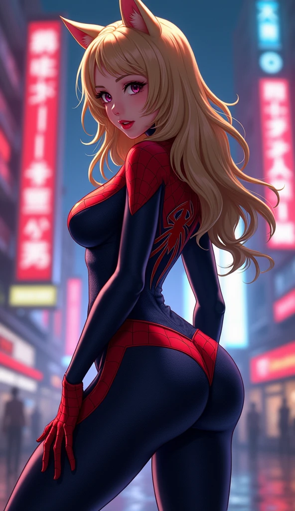 anime artwork a full body blond woman wears a bodysuit on top of a building, night, city lights background  . anime style, key visual, vibrant, studio anime,  highly detailed,grabbing your own ass