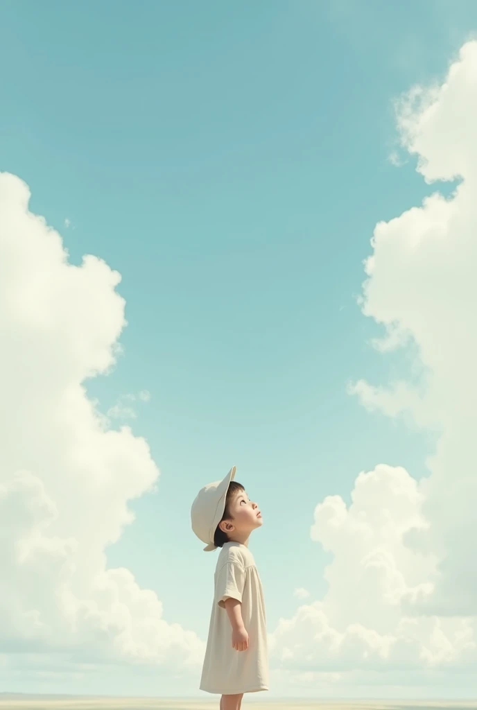 Child in robes kneeling crying looking at the sky