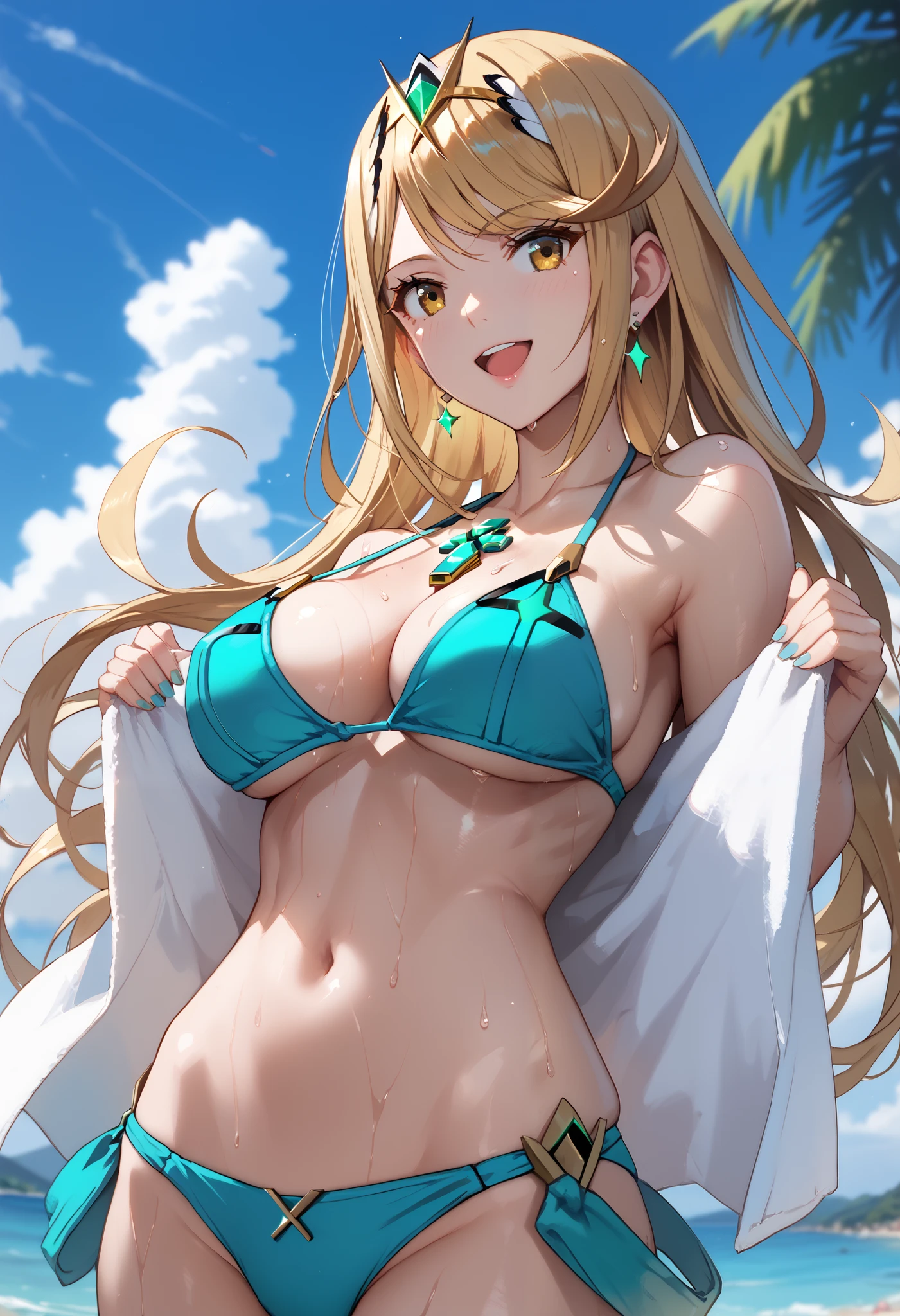 mythra \(xenoblade\), 1girl, yellow eyes, swept bangs, long hair, very long hair, blonde hair, tiara, earrings, chest jewel, (wearing blue bikini:1.3), blurry, breasts, flower, fruit, large breasts, looking back, navel, open mouth, open towel, sky, smile, steam, sweat, tan, towel, wet