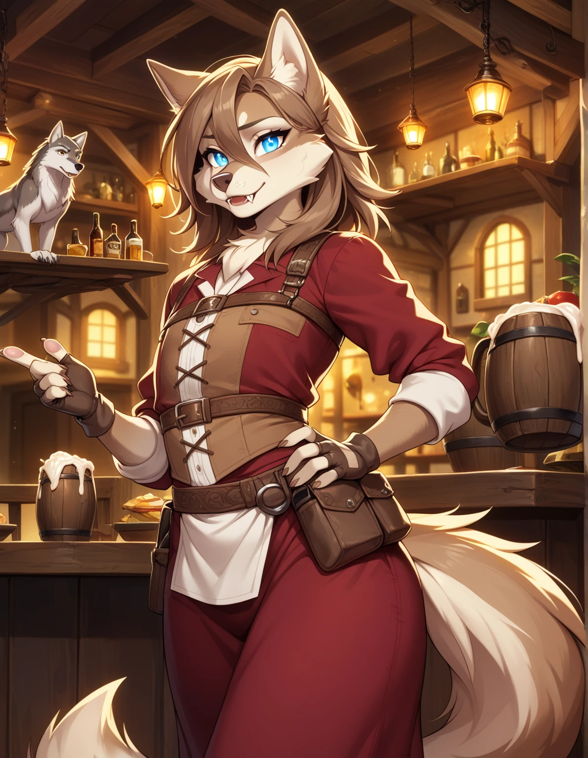 1girl, tail, furry, animal_ears,glowing blue_eyes, brown_hair, belt, looking_at_viewer, furry_female, gloves, wolf_tail, sad smile, wolf_ears, fingerless_gloves, hair_between_eyes,long skirt, hand_on_hip, snout, pouch, brown_gloves, cream white corset, wolf_girl, fangs, medium_hair, long_sleeves, brown_belt, artist_name, tavern outfit, flat chested