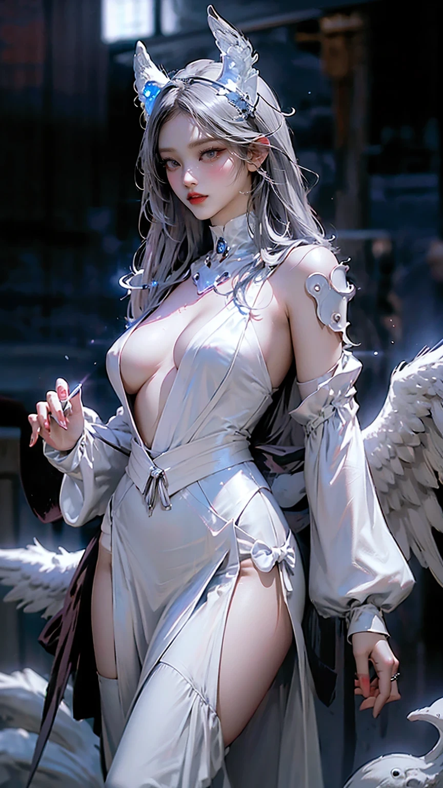 top quality、​masterpiece、  super high resolution、(  Photorealistic:1.4)、  RAW photo 、Battle Cyborg Angel  、 Big metal wings 、white porcelain body  、  acrylic transparent cover  、Gray Hair、 pubic skin 、1 Cyborg Girl、((  super realistic details  ))、  Portraits、globalillumination、shadow、  octane rendering、8k、  ULTRA SHARP  、Character edge light,Big Breasts、  EXQUISITE DETAILS  {x} Fresh skin exposed on chest  、 、About gothic lolita、Hydraulic cylinder、Small LED Lamp、  extremely fine details、Realistic Light、  purple eyes、輝く瞳、  looks at the  、Neon Details、  cowboy shot、Futuristic headgear、  about Cyberpunk  、NSFW